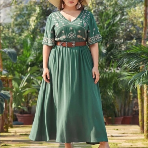 Bellanblue Dresses & Skirts - PLUS Boho Green V neck Floral Embroidered A-line Dress